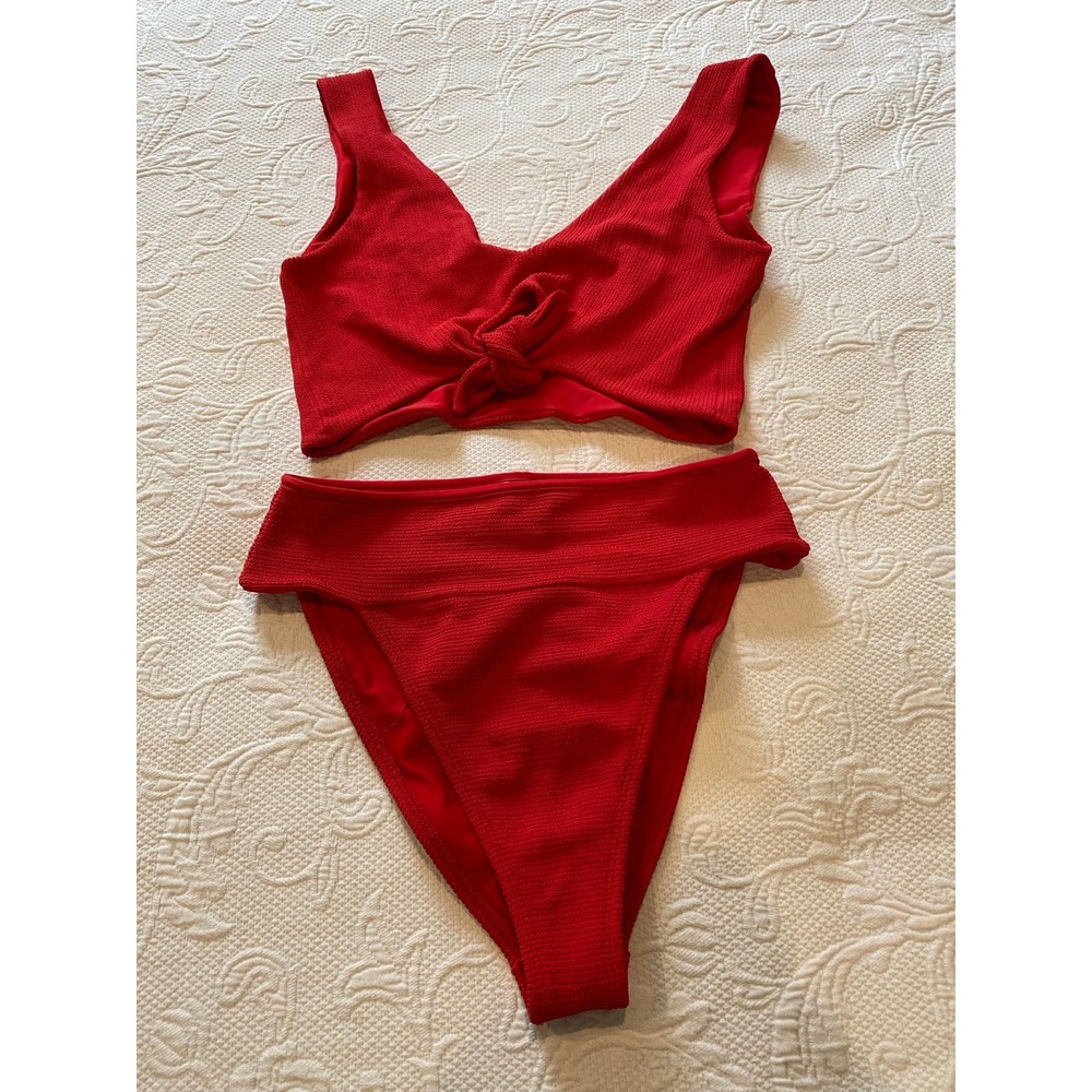 Montce Red High Waisted Bikini Knot Front Top S Top M Bottom Vacation Trip Swim